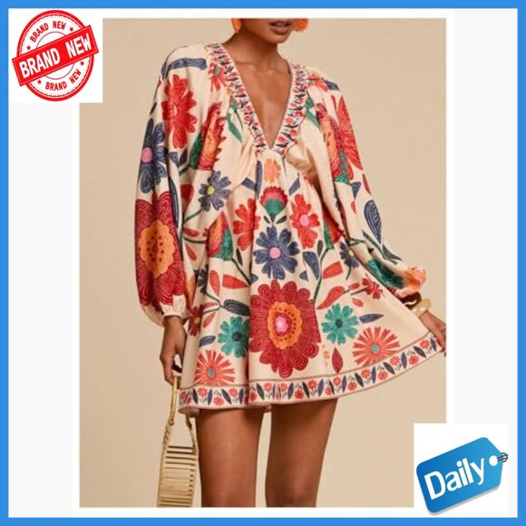 Boho Floral V-Neck Mini Dress Long Sleeve Tie Back Casual Summer - Picture 3 of 5